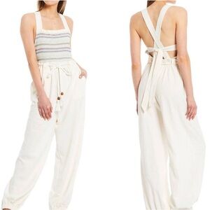 NWOT Free People Sienna Smocked Jumpsuit Linen Blend Pants w/ Pockets Sz S $168